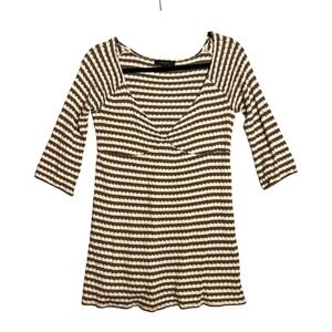 EXPRESS Y2K Babydoll Knit Top Size S Brown Beige Striped 3/4 Sleeve Longline